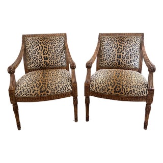 Vintage Pair of Louis XVI-Style Carved Fauteuil Armchairs in Leopard Print For Sale