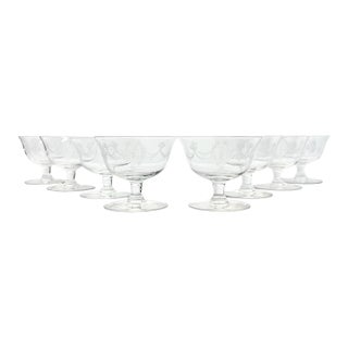 1940s Vintage Set of 10 Federalist-Style Etched Coupe Champagne Glasses For Sale