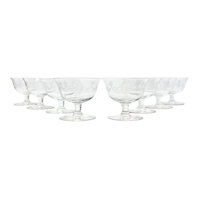 1940s Vintage Set of 10 Federalist-Style Etched Coupe Champagne Glasses For Sale