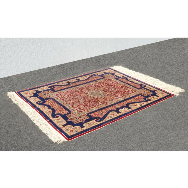 Abstract Vintage Hand Knotted Wool W Silk Blue and Red Area Rug With Fringe ~ Signed For Sale - Image 3 of 12