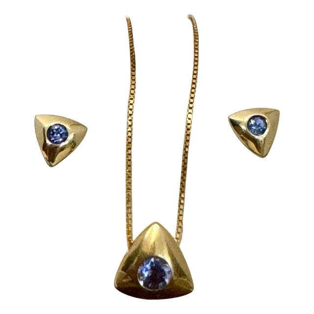 Three Piece Tanzanite Pendant & Earring Set In 14 Karat Yellow Gold with Chain For Sale