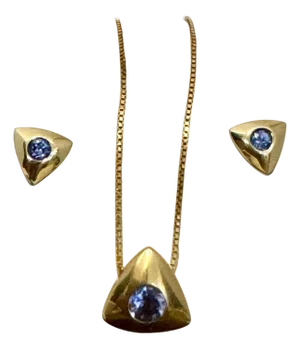 Three Piece Tanzanite Pendant & Earring Set In 14 Karat Yellow Gold with Chain