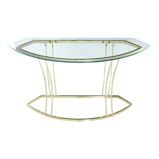 Curved 1970s Gold Brass Colored Sofa Table Console With Glass Top For Sale