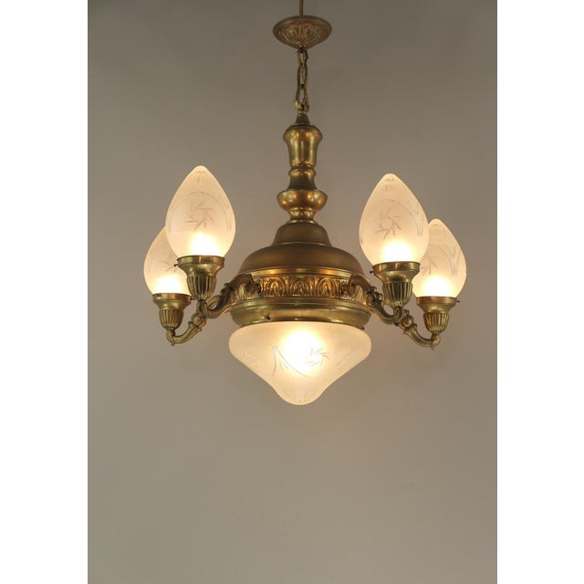 Chandelier in Brass with Cut Glass Shades, Budapest, 1930s For Sale - Image 3 of 12