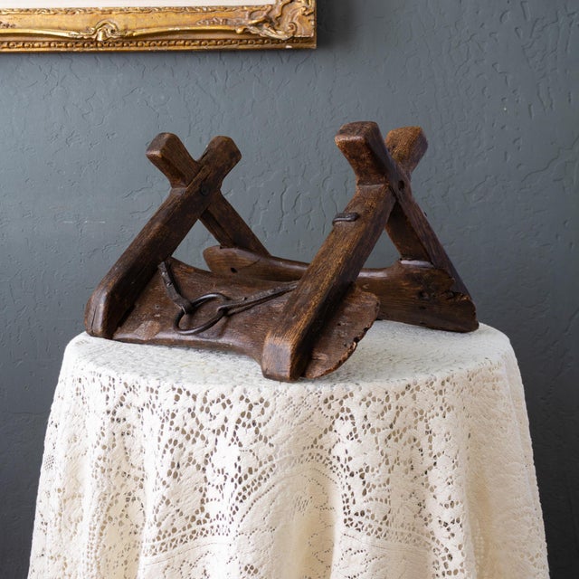 Primitive Wooden Pack Saddle With Leather Straps and Iron Rings For Sale - Image 15 of 16