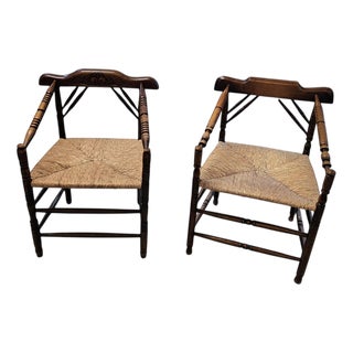 Dutch Oak and Rush Chairs, 1930s, Set of 2 For Sale