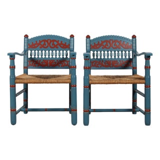 Set of Antique Farmer Chairs in Blue-Painted Wood with Cord Seats by Axel Einar Hjorth, 1880s For Sale