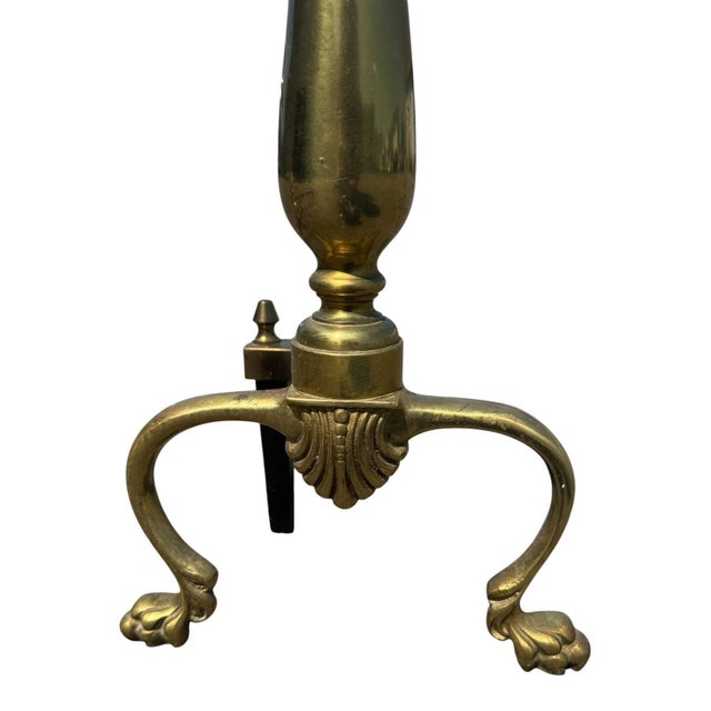 Antique 1920s Brass Fireplace Andirons Pair Refurbished Colonial Hearth Decor For Sale - Image 17 of 18