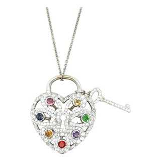 Tiffany & Co., Diamond and Multigem Heart Key Locket Pendant/Necklace For Sale