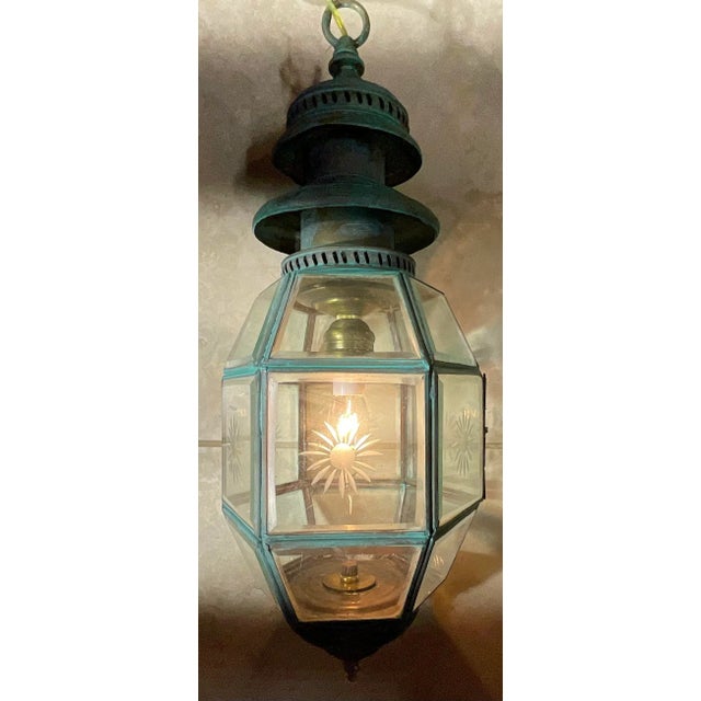 Antique English Solid Brass & Glass Starburst Hanging Lantern - Pendant For Sale - Image 11 of 15