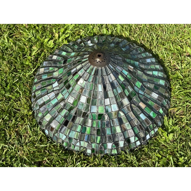 Mid-20th Century 20'' Tiffany-Style Leaded Green Slag Glass Lotus Leaf Lamp Shade For Sale - Image 10 of 18