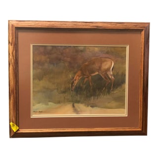 1980s Vintage "Deer #13" Original Wildlife Watercolor Painting by Rosalie Booth Krastek - Custom Framed For Sale