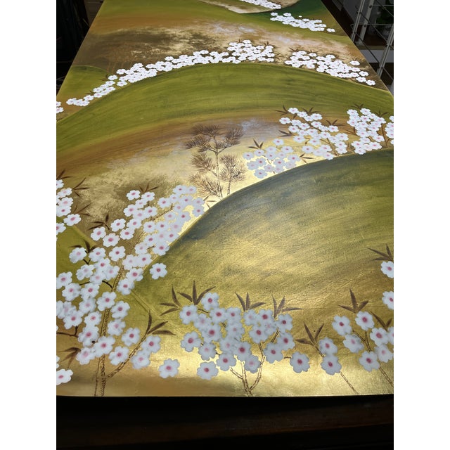 Metal Hand-Painted Gold Leaf Chinoiserie Landscape Mural Panels | Cherry Blossom Mountain Wall Art Set of 2 For Sale - Image 7 of 8