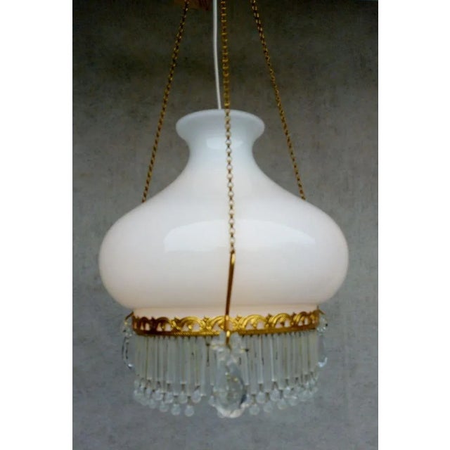 Material: metal, white glass, clear cut glass. nice authentic retro vintage chandelier, holder on 3 chains of copper...