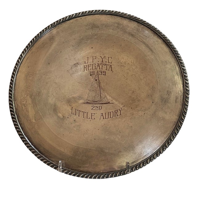 1939 Sailing Regatta 2nd Place Trophy Platter Sail Boat Silver Plated Avon Wm Rogers For Sale