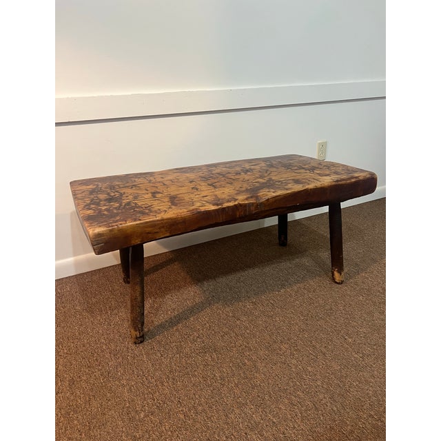 Wood Antique Early American Rustic Bench With Splayed Turned Splayed Legs and Thick Cut Seat For Sale - Image 7 of 12