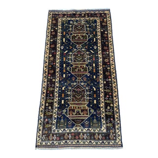 Afghan Medallion Area Rug, Hand-Knotted Wool, Tribal, 3x7, Indigo & Camel For Sale