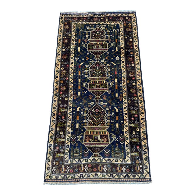 Afghan Medallion Area Rug, Hand-Knotted Wool, Tribal, 3x7, Indigo & Camel For Sale