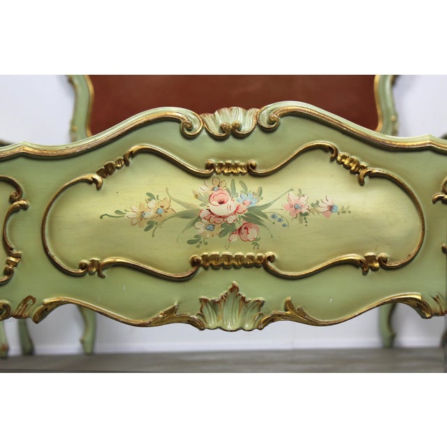 Venetian Baroque Green Lacquered Hand-Painted Floral Single Bed Set with Two Nightstands, 1950s, Set of 3 For Sale - Image 11 of 12