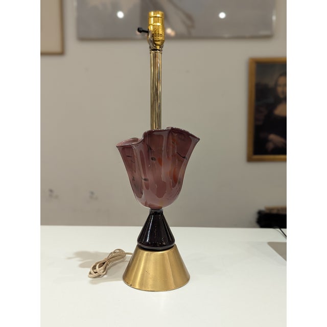 Metal Amethyst Fluted Glass Table Lamp With Black Cone & Brass Base For Sale - Image 7 of 7