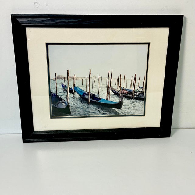 1980s Vintage Italian Coastal Venus Blue Gondola at Dock Framed Photography. For Sale - Image 11 of 13