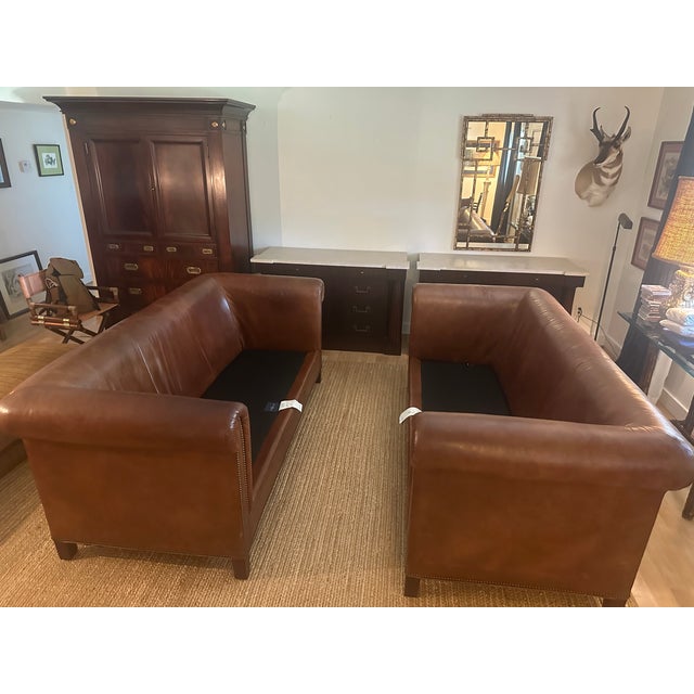 VIntage Pair of Ralph Lauren Home Brompton Leather Sofas-Cognac Leather, Nailhead Trim & Custom Upholstery For Sale - Image 9 of 17