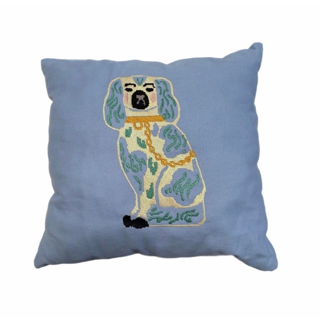Traditional Sky Blue Pillows Embroidered With Staffordshire Dogs - Set of 2 For Sale - Image 3 of 3