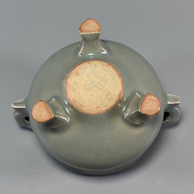 Vintage Chinese Longquan Celadon Porcelain Incense Burner | One of a Kind, Sculpted Dragon‑Shaped Handles For Sale - Image 6 of 6