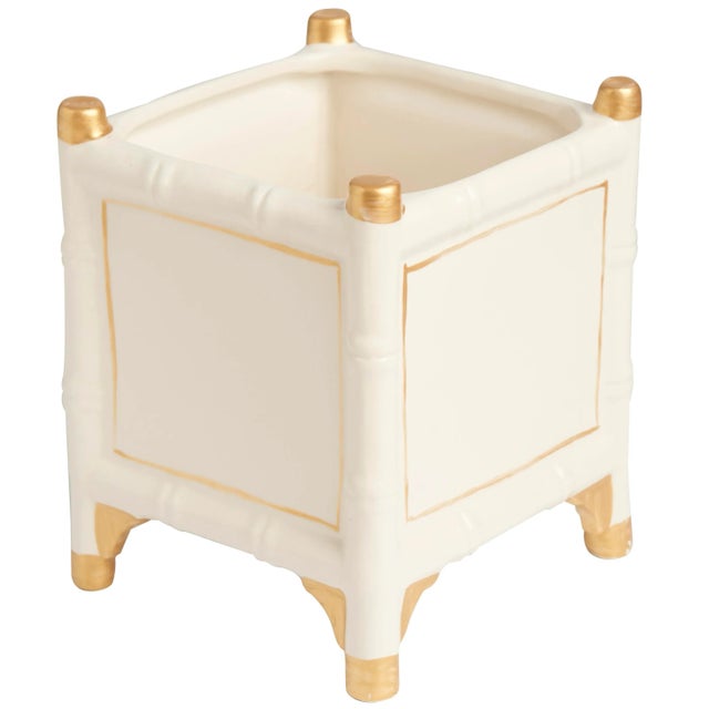 Hollywood Regency Bamboo Cachepot, White/Gold, Large For Sale - Image 3 of 3