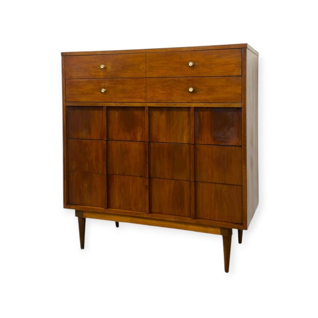 Vintage Mid-Century Modern Highboy Dresser Dovetailed Drawers Brass Finished Pulls. For Sale In Seattle - Image 6 of 12
