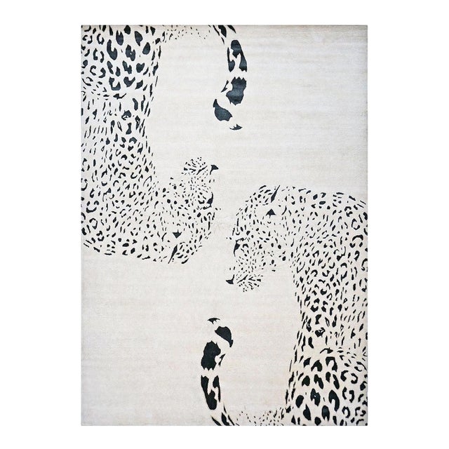 Modern Nepalese Wool & Silk 9x14 Ivory & Black Jaguar Handmade Area Rug #1144032 For Sale