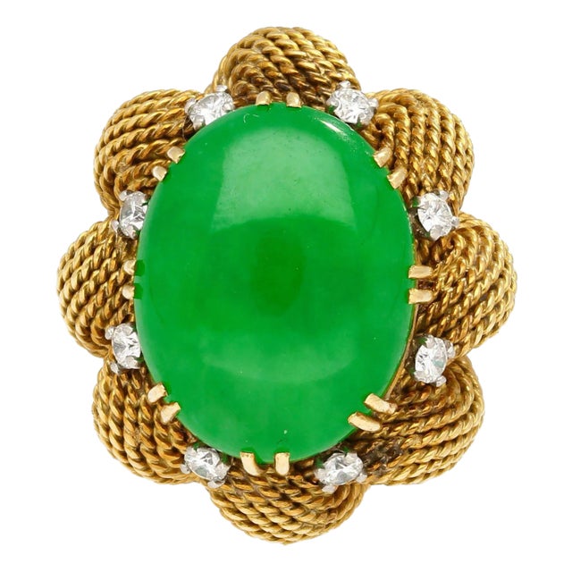 1950s Vintage 13.32 Carat Type a Jadeite Jade Gold Wire Floral Ring From France, Size 5.75 For Sale