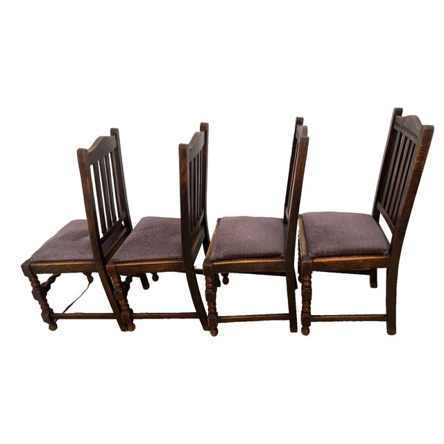 Antique Chairs Set of Four, Barley Twist Accent, Solid Oak, Lavender Seats For Sale - Image 4 of 11