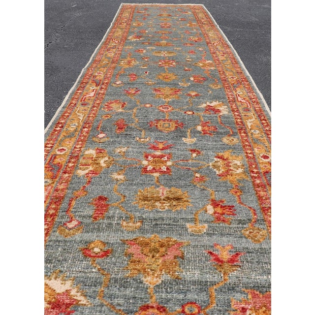 Turkish Angora Oushak Runner With Denim Blue Field and Rust Motifs For Sale - Image 9 of 13