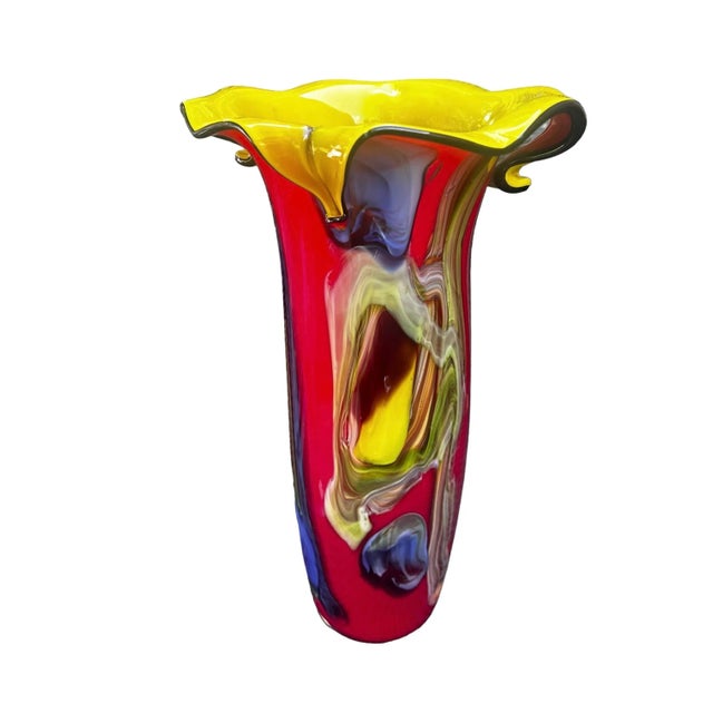 Abstract Murano Colorful Cased Floral Studio Art Glass Vase For Sale - Image 3 of 9