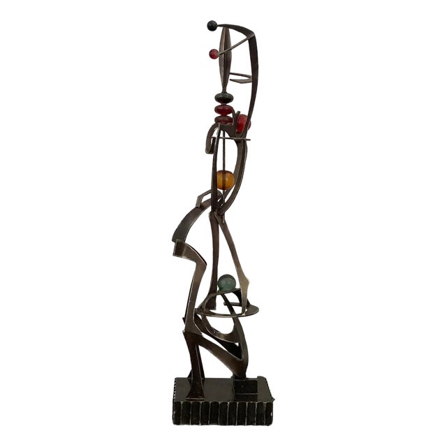 Unknown Artist, Futuristic Juggler Sculpture, Wrought Iron and Colored Resin For Sale