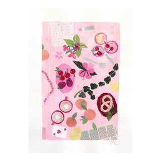 The Pink Party - Cute Feminine Still Life Collage Mixed Media Art on Paper Original Artwork by Maria C Bernhardsson For Sale