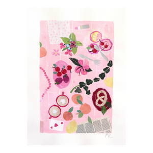 The Pink Party - Cute Feminine Still Life Collage Mixed Media Art on Paper Original Artwork by Maria C Bernhardsson