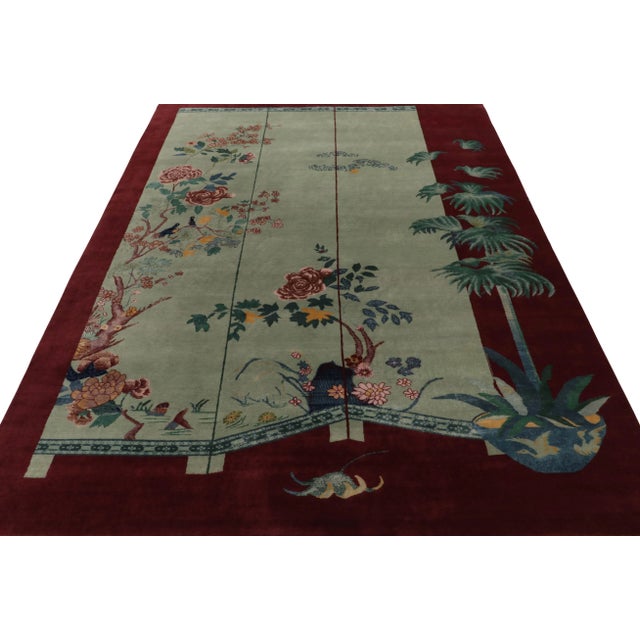 Art Deco Rug & Kilim Chinese Style Art Deco Rug in Red with Green & Blue Pictorial - 12'x15' For Sale - Image 3 of 8