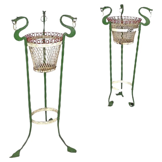 Italian Art Nouveau White Green Wrought Iron Vase Holders with Dragons, 1900s, Set of 2 For Sale