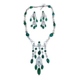 176ct Large Bead Emerald & 27 Ct Diamond Necklace & Earring Bridal Suite 18 Kt For Sale
