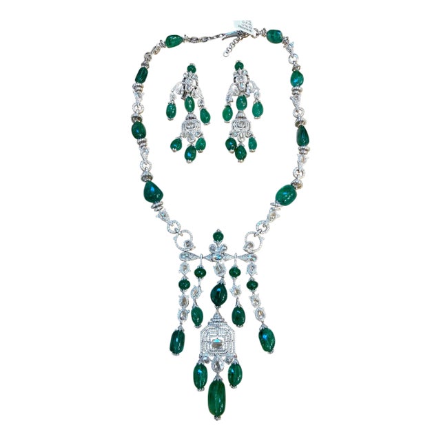 176ct Large Bead Emerald & 27 Ct Diamond Necklace & Earring Bridal Suite 18 Kt For Sale
