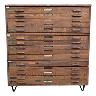 1950s Arts & Crafts Oak 15-Drawer Architect's Blueprint Flat File Cabinet by Hamilton For Sale