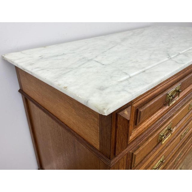 Antique French Oak Marble Top Carved Chest of Drawers For Sale - Image 9 of 15