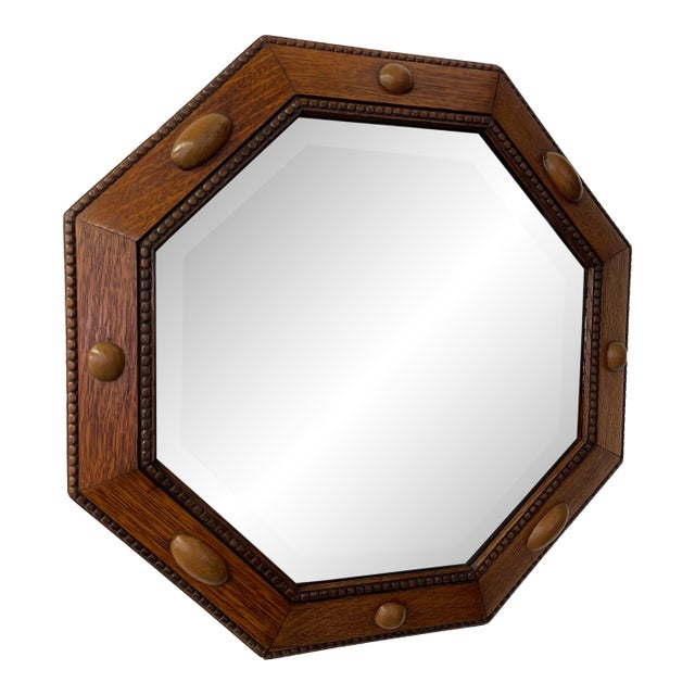 Antique Arts and Crafts Octagonal Beveled Mirror With Carved Oak Frame and Decorative Wood Peg Inlays For Sale