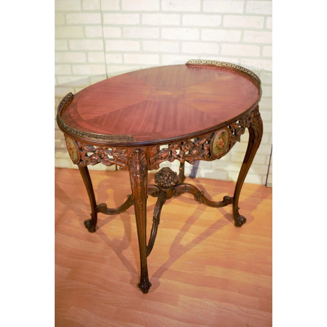 Victorian Antique Victorian Louis XV Style Carved Oval Top Side Table With Brass Rail For Sale - Image 3 of 13