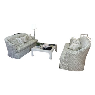 Pair of Kravet Traditional Skirted Sofas in Sage Green Damask For Sale