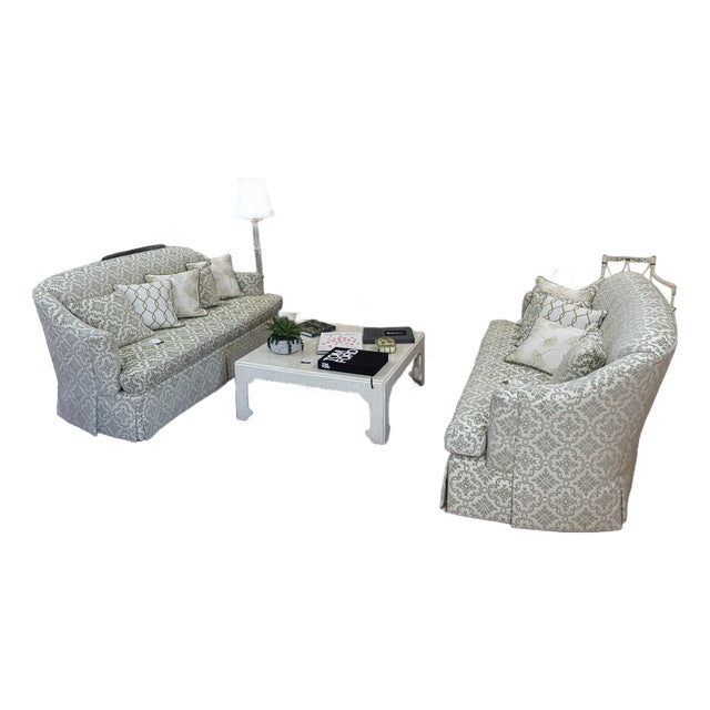 Pair of Kravet Traditional Skirted Sofas in Sage Green Damask For Sale