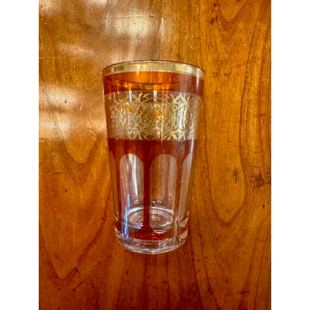 Beautiful vintage set of six Moroccan-style tea glasses, French-made and stamped FRANCE on the base, presented on a...