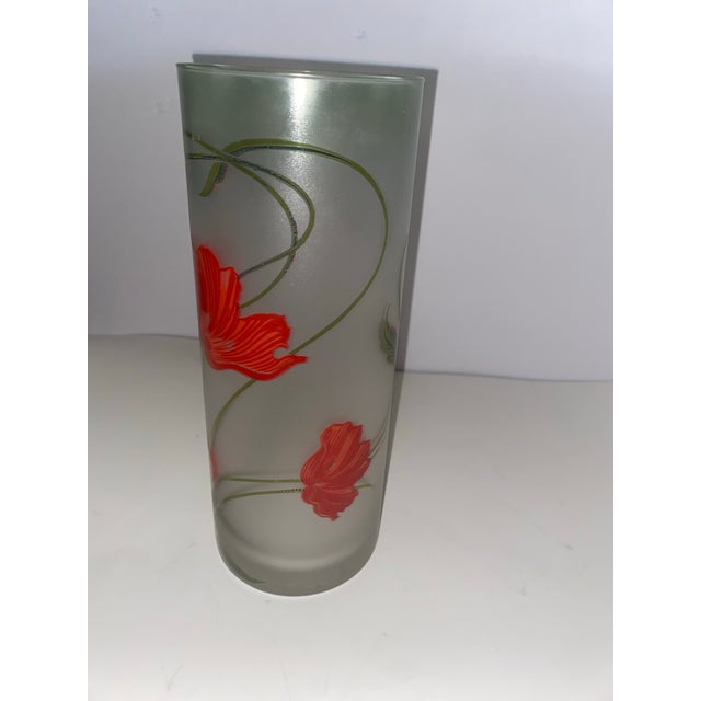Art Nouveau Art Style and Nouveau Vase . Large Early 20th Century Art Nouveau Green Cylinder Frosted Glass Vase With Floral Motif For Sale - Image 3 of 12